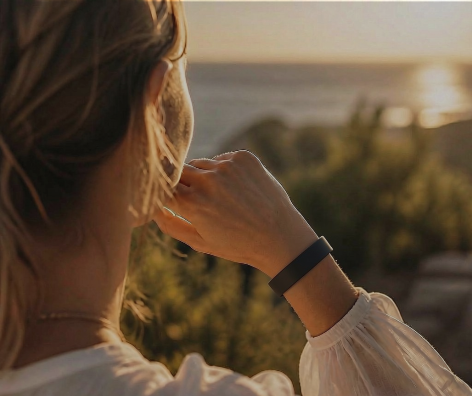 Woman wearing a slim smart safety band at sunset